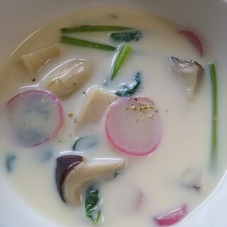 エリンギとラディッシュの豆乳スープ(^^)